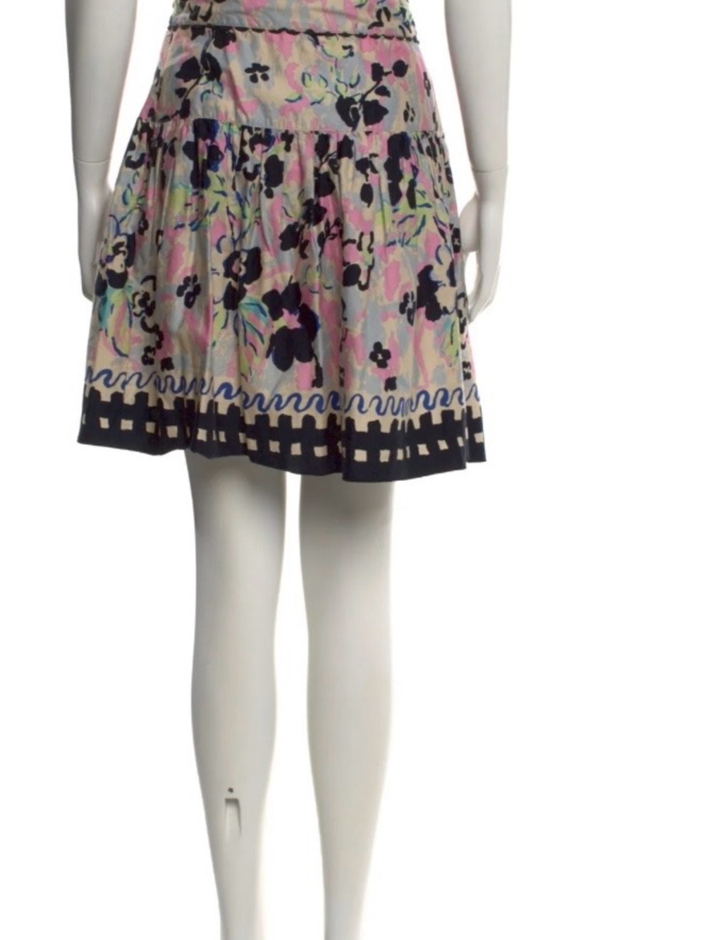 Anna Sui Pink Navy Floral Tiered Circle Skirt with Border Hem